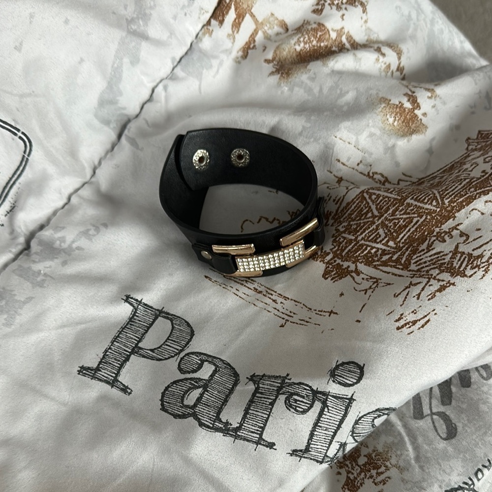 Black Leather Bracelet with Gold Accents - Picture 2 of 2
